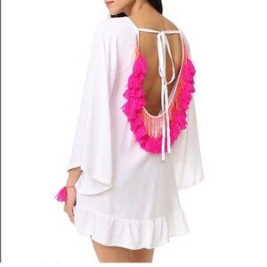 Sundress womans White Dress with Pink Tassel Back mini dress size L